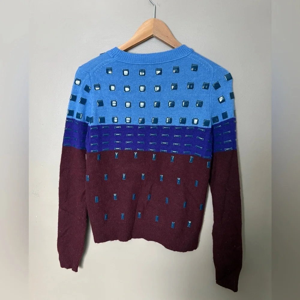 J. Crew black label color block embellished wool angora crew sweater sz S EUC